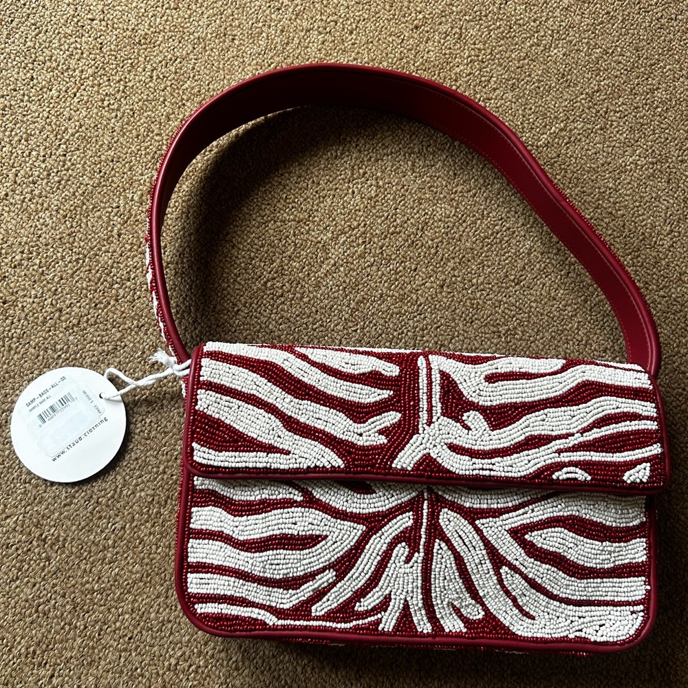 STAUD Red and White Beaded Shoulder Bag